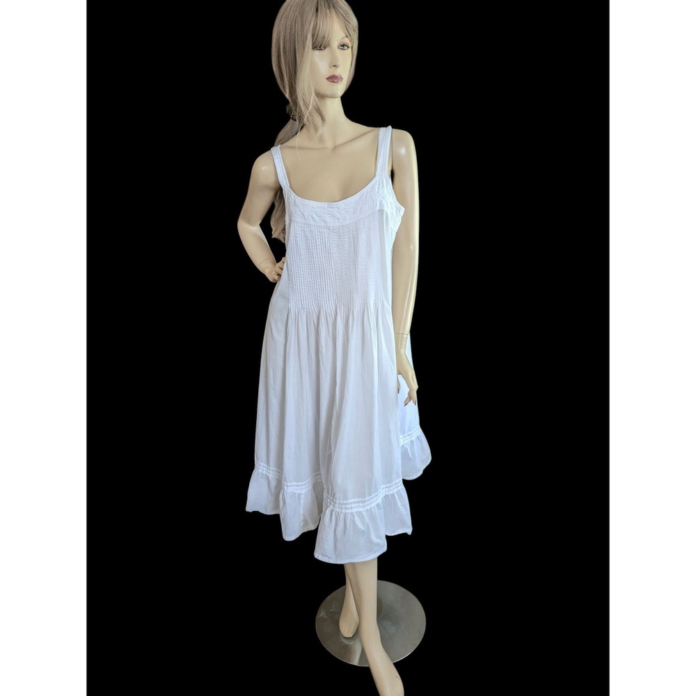 Vintage 90s White Cotton Midi Prairie Dress L Ruffle Hem Pintuck Gown